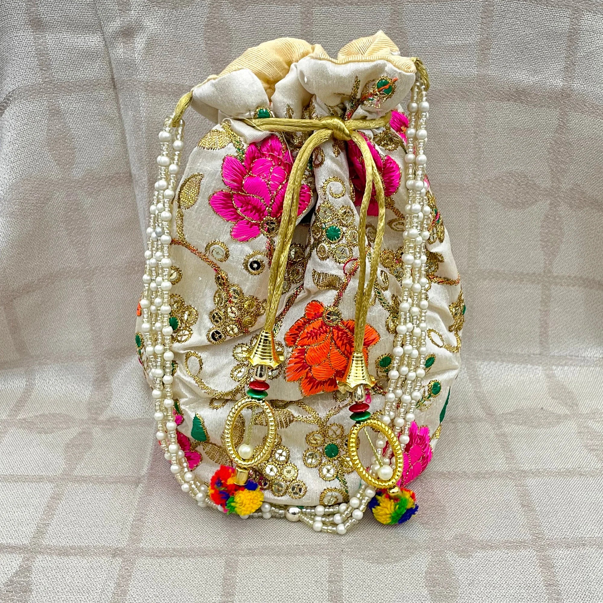 Embroidery Pearl Handle Potli Bags for Women