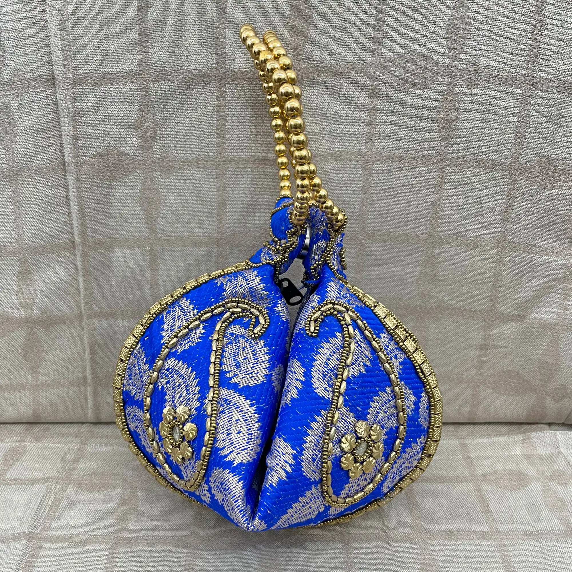 Blue Colour Bracelet Bag with Brocade Weave and Beadwork