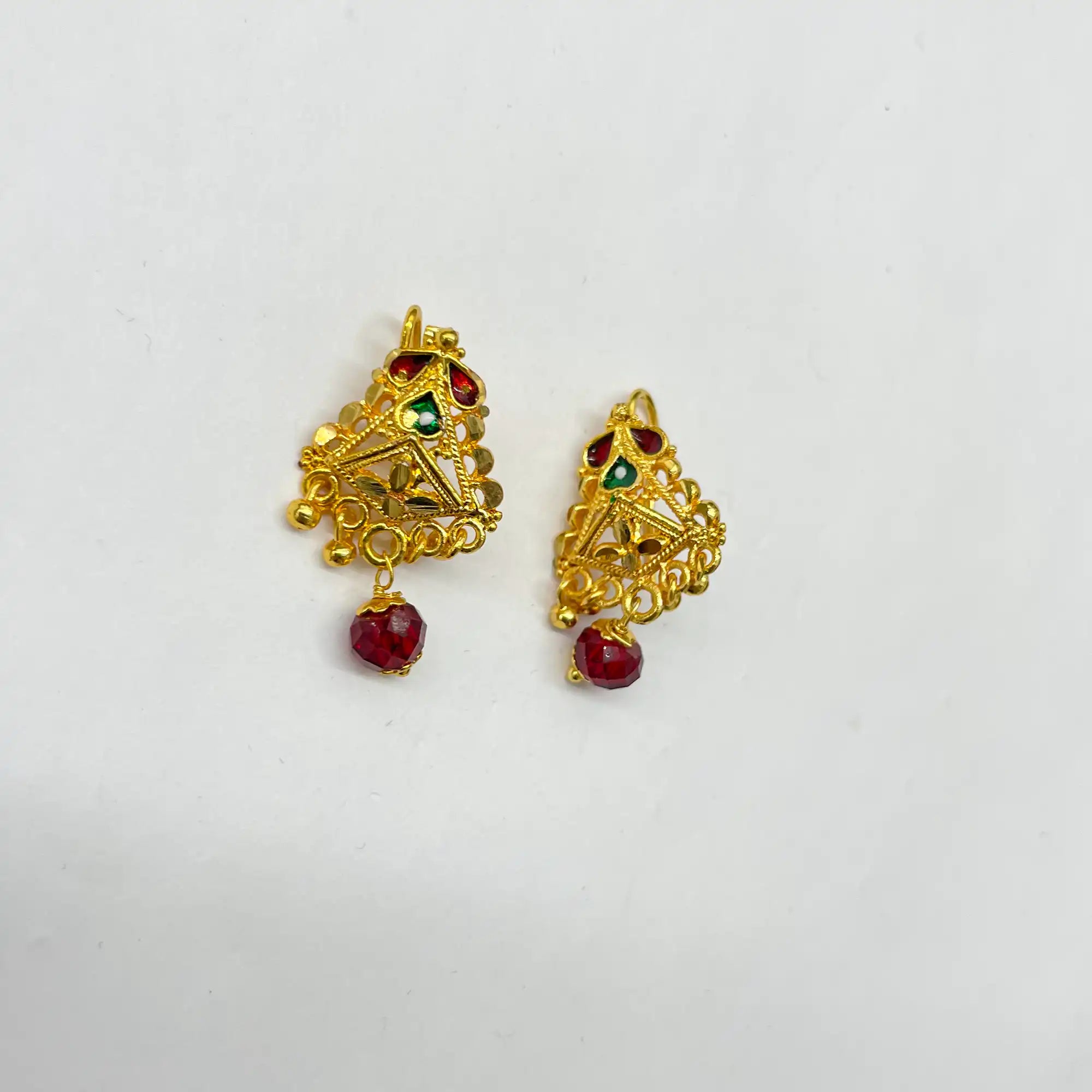 red stone earrings, wedding earrings, 22k gold plated earrings