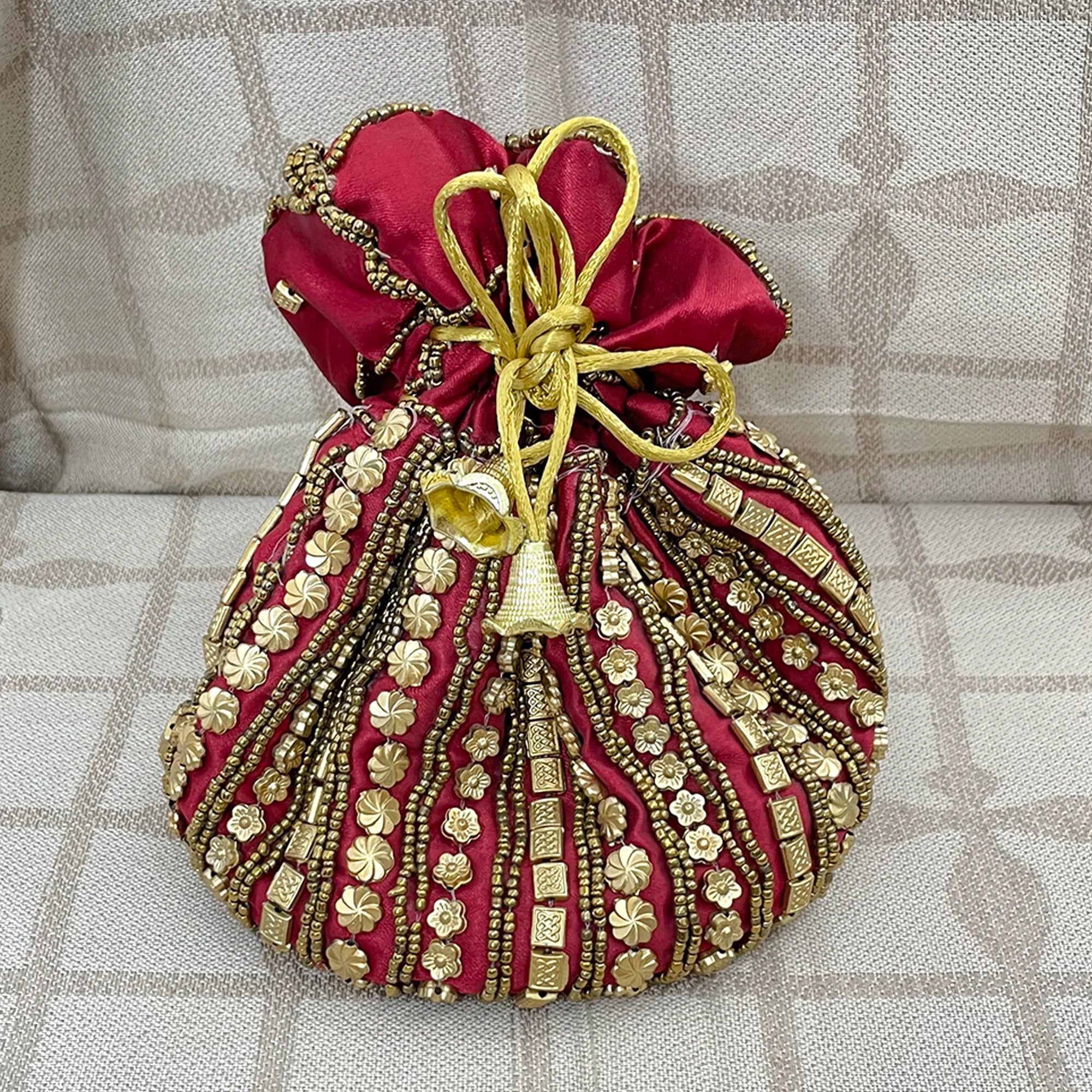 Indian Potli Drawstring Bag with Dense Beadwork by Hand