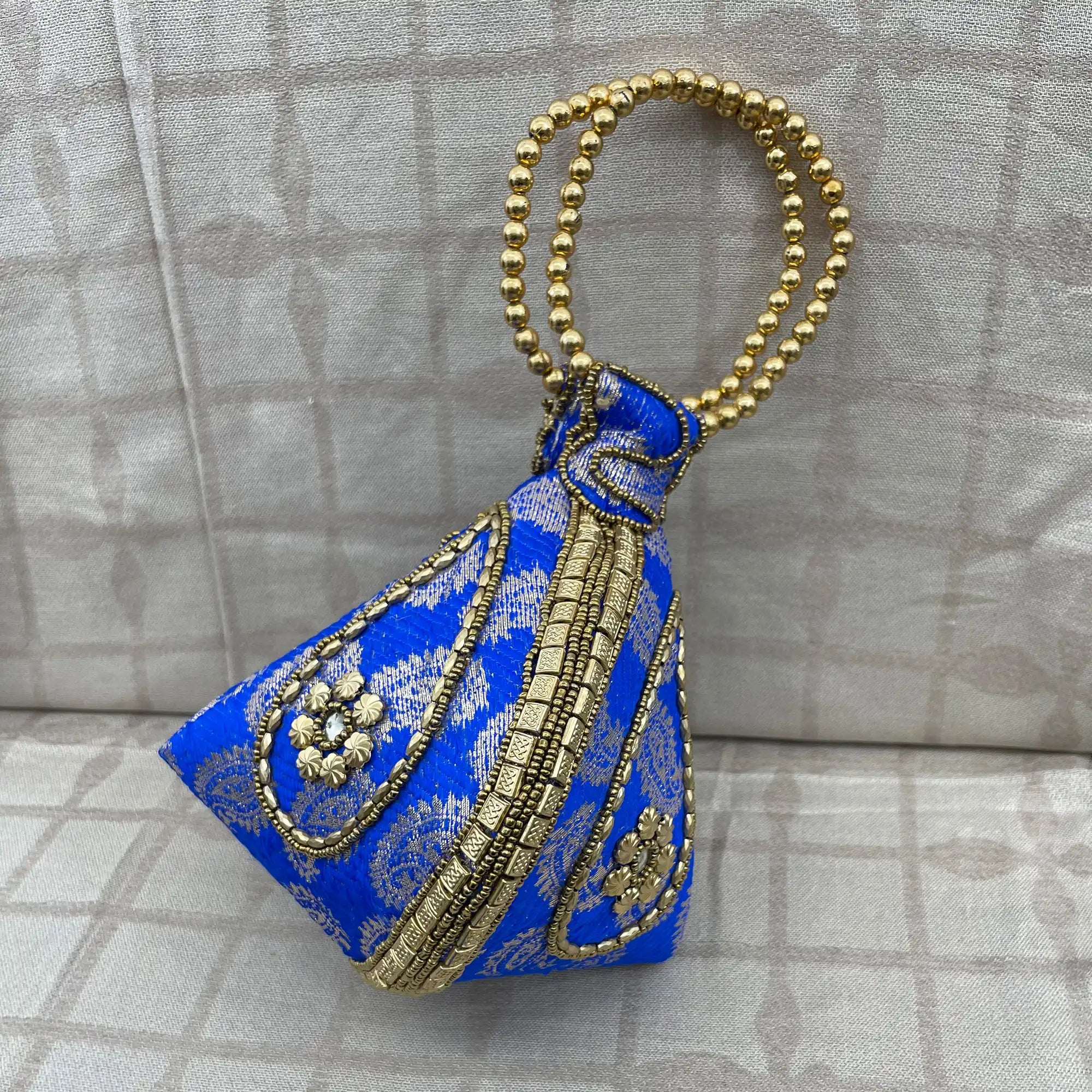 Blue Colour Bracelet Bag with Brocade Weave and Beadwork