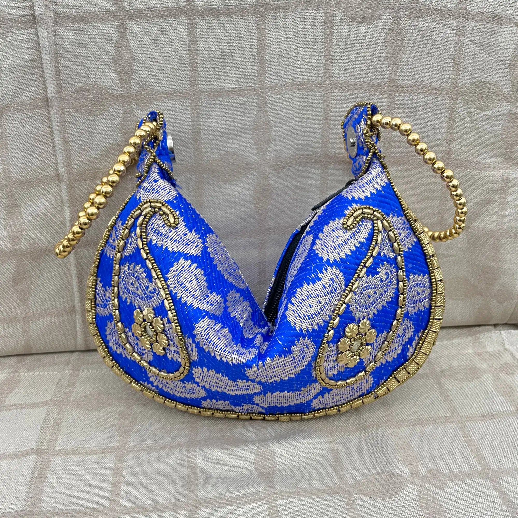 Blue Colour Bracelet Bag with Brocade Weave and Beadwork