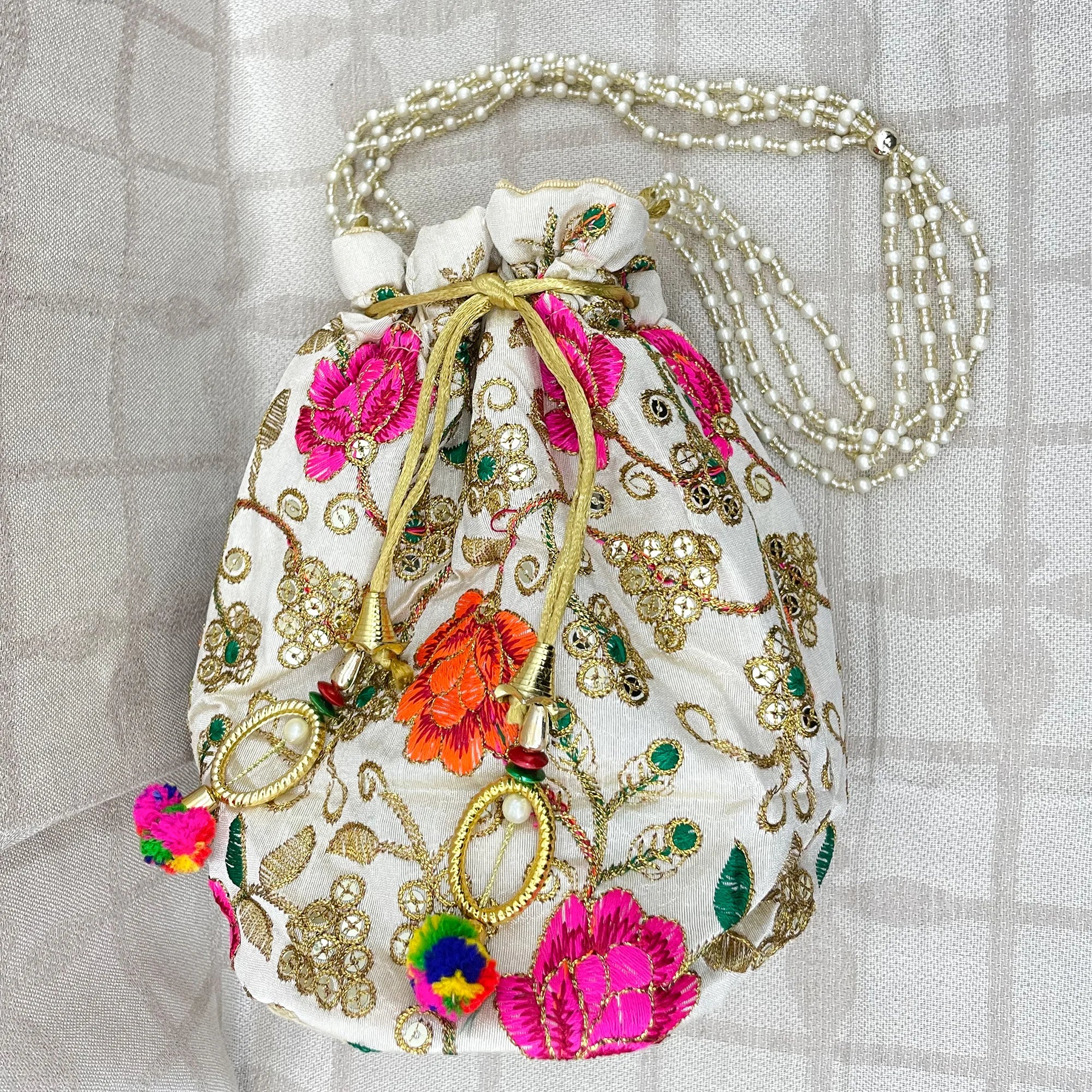 Embroidery Pearl Handle Potli Bags for Women