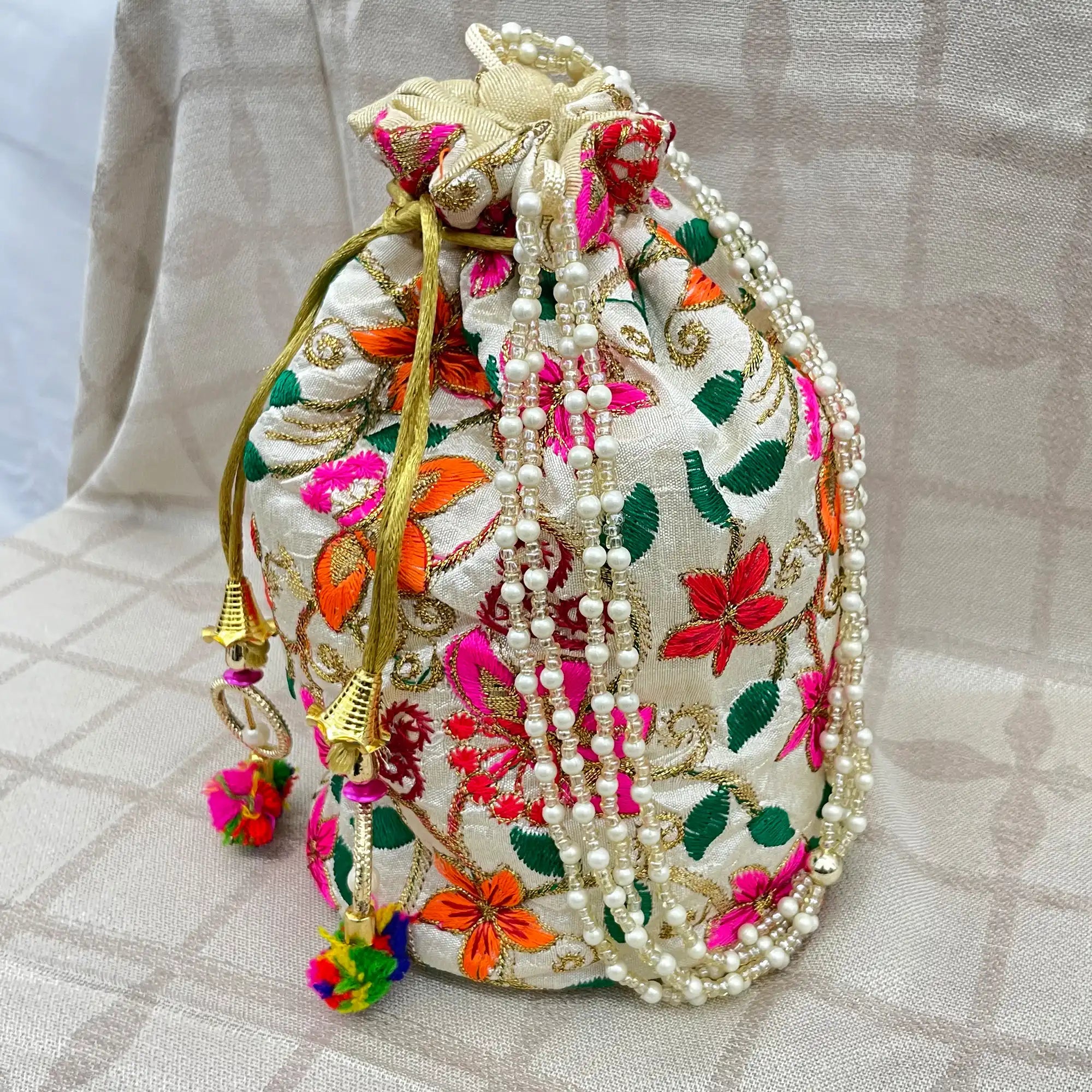 Pearl Handle Designer Embroidered Potli Bags for Women