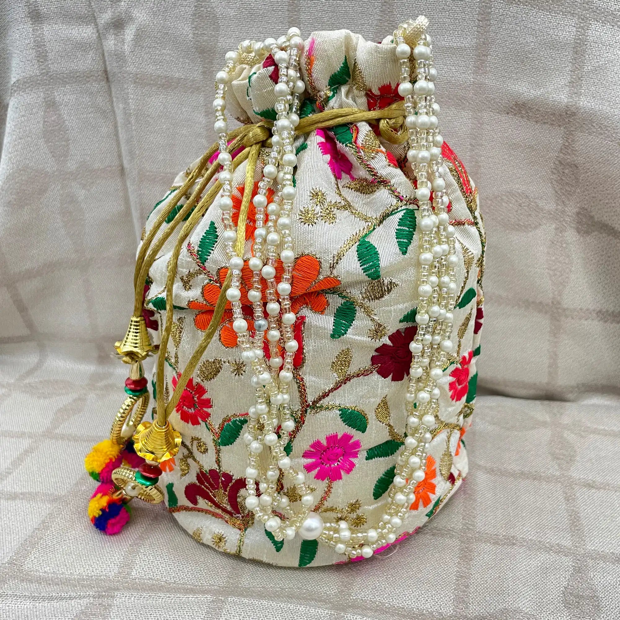 Classic Women's Potli Bags with Pearl Handle and Embroidery