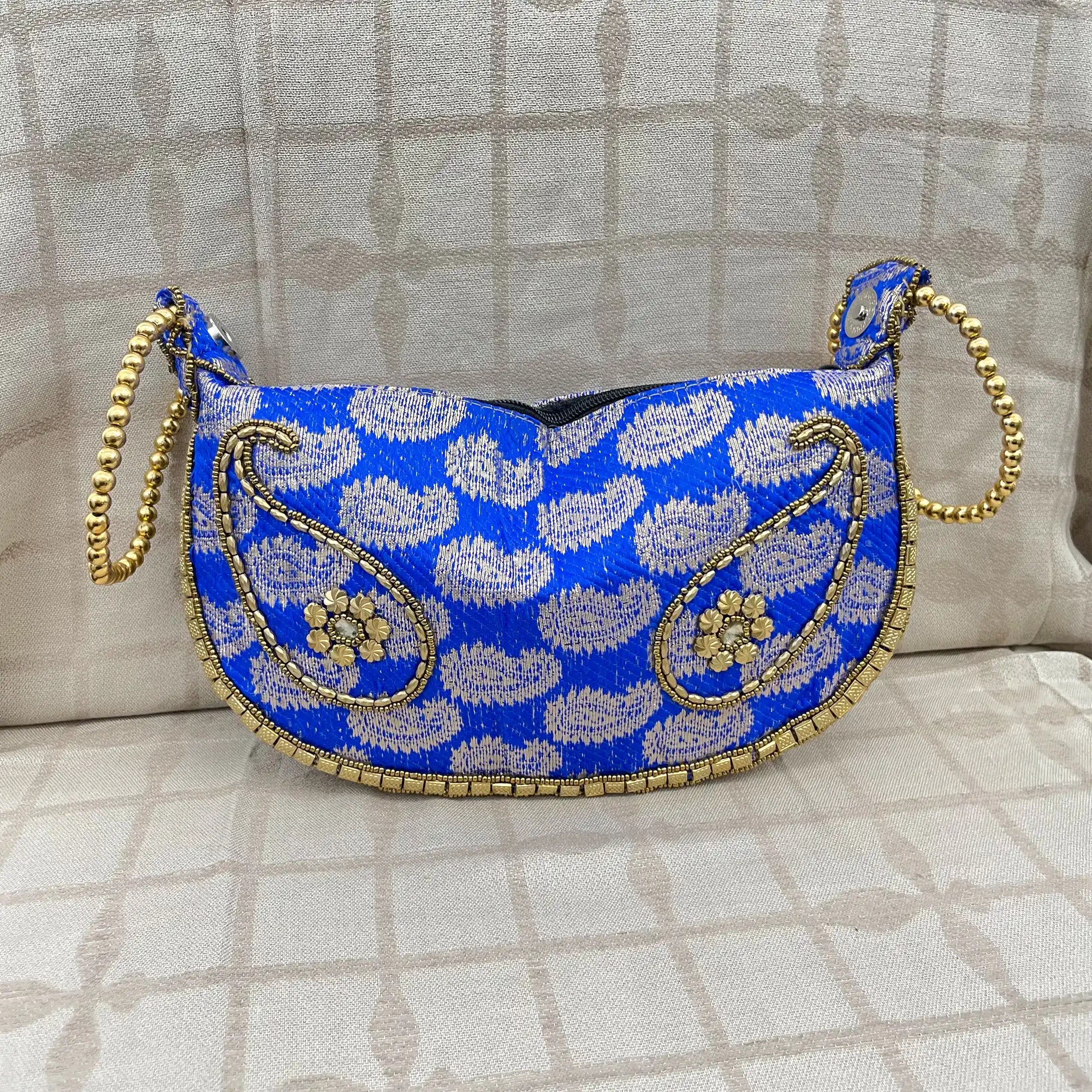 Blue Colour Bracelet Bag with Brocade Weave and Beadwork