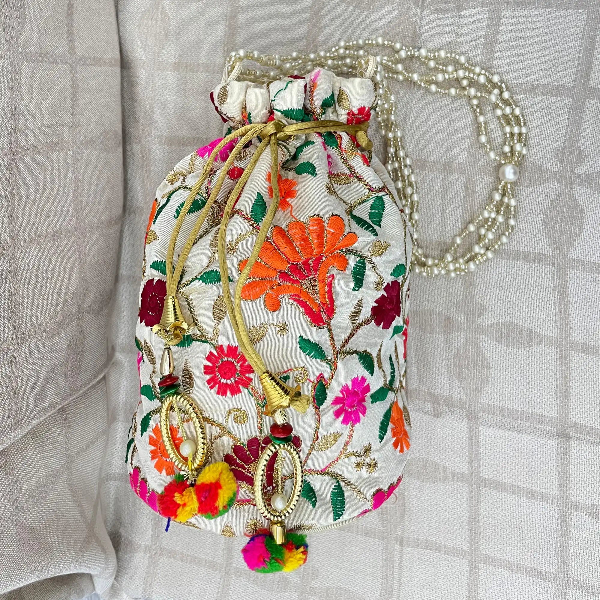 Classic Women's Potli Bags with Pearl Handle and Embroidery