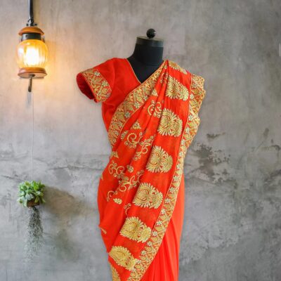 010 indian wedding saree, embroidery saree blouse, Gold Boarder Partywear, readymade saree, one minute saree