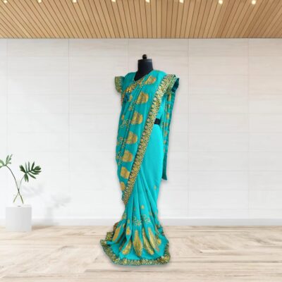 Turquoise Prestitched Pleated Sarees