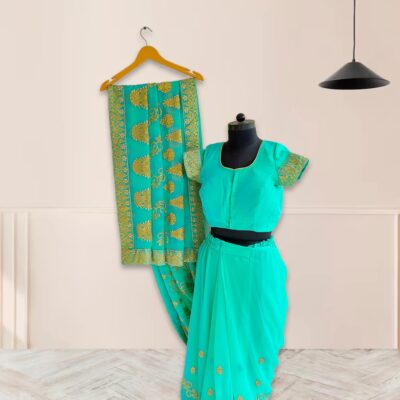 Light Blue Green Hand Embroidery Saree
