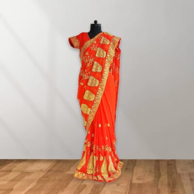 Orange Embroidered Chiffon Saree