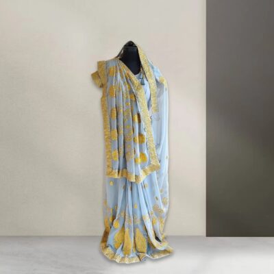 one minute saree, gray embroidered work saree, bridal wedding clothing, indian women saree