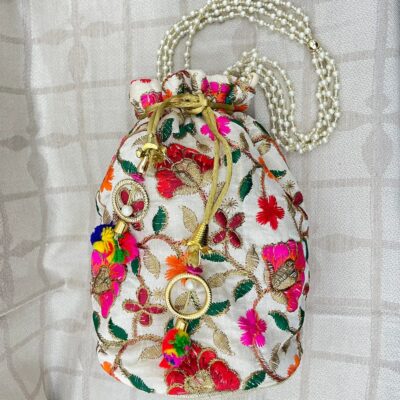 Flower Pattern Multicolour Embroidered Potli Bag for Women