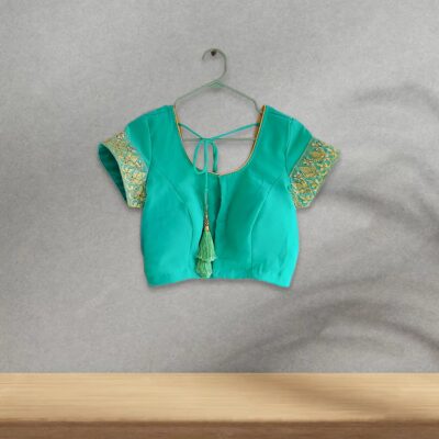 Light Blue Green Hand Embroidery Saree